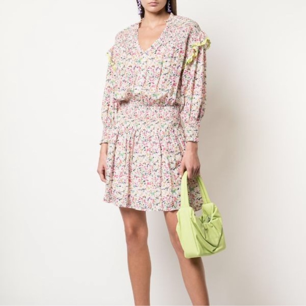Tanya Taylor Imogen Floral Smocked V-Neck Long Sleeve Mini Dress Confetti Sz M